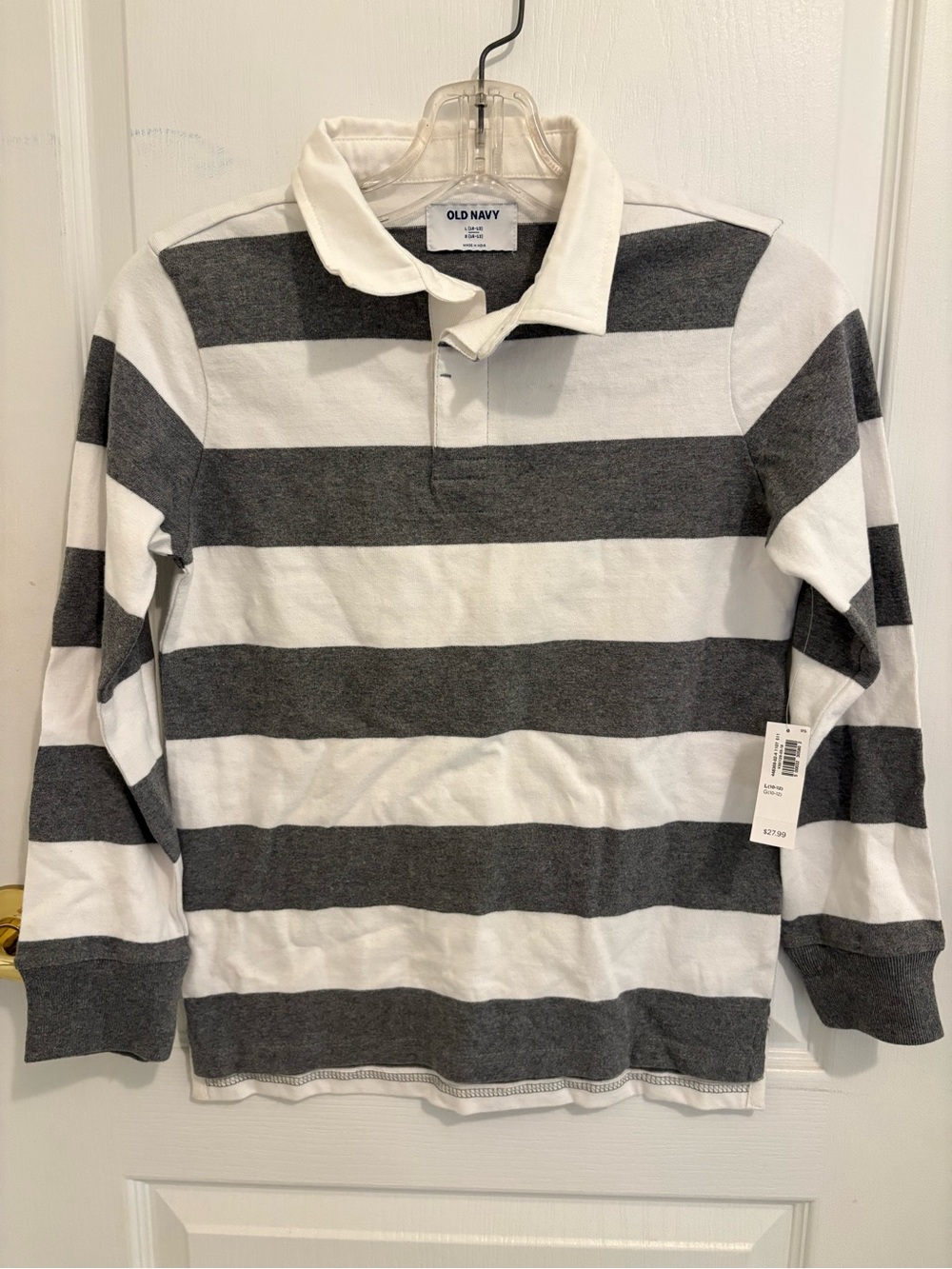 Old Navy Boys Striped Rugby Polo - Gray & White -Size L (10-12)